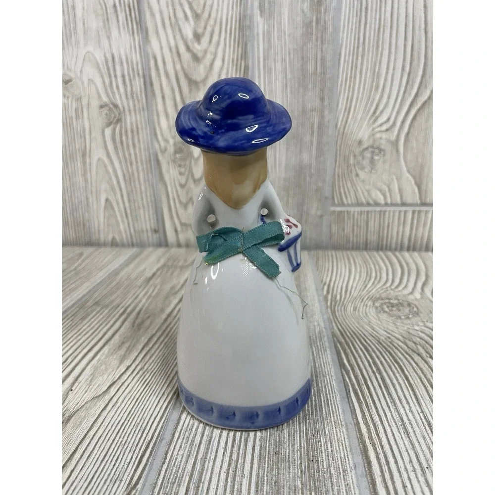 Porcelain Figural Bell Victorian Woman Girl Blueware Dinner Bell Flowers 5.5